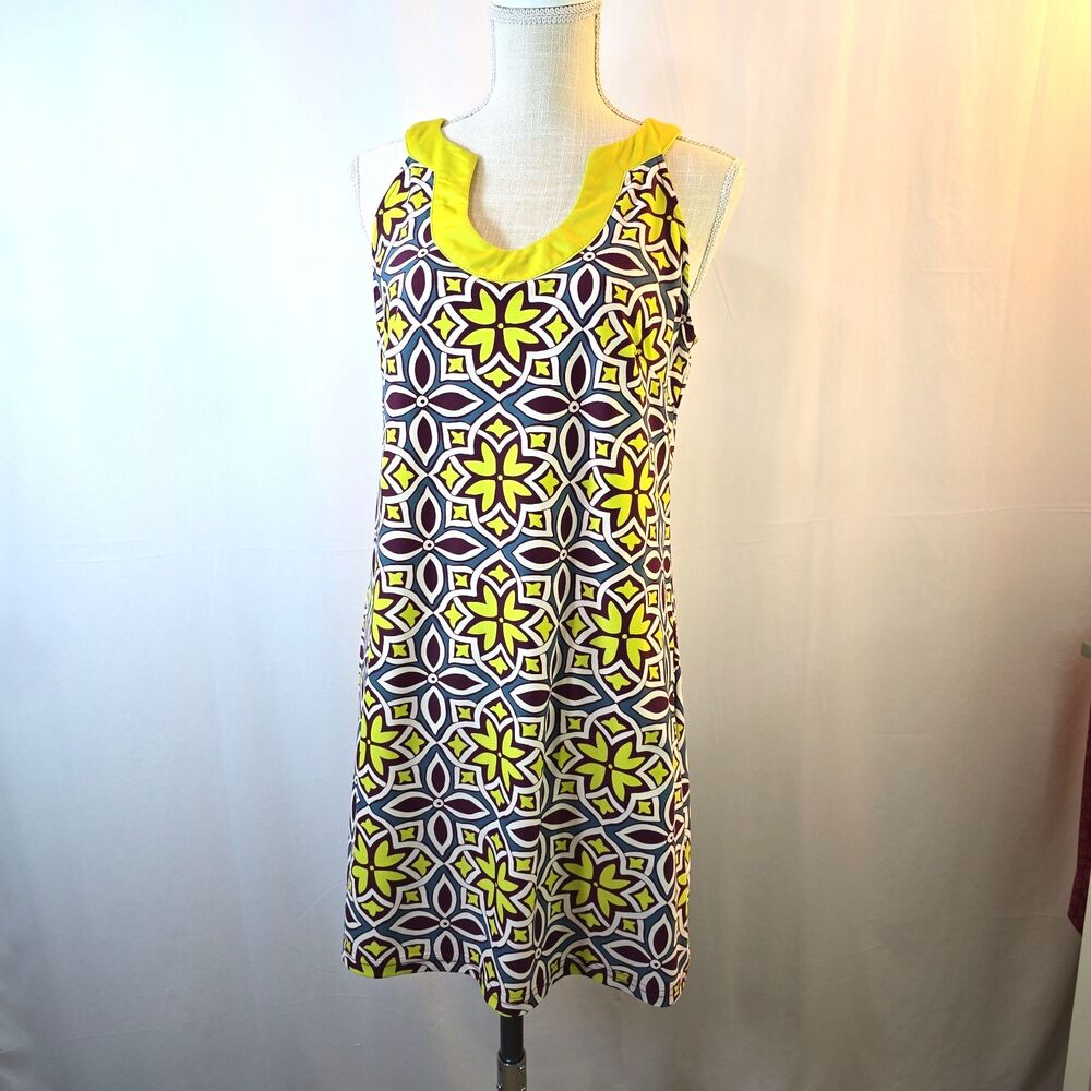 Aryeh Summer Geometric Print Sleeveless Dress Sz M Lime Purple U-Neckline Nylon